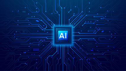 AI Chip with Light Glowing Neon Frame on Circuit Board. Technology AI Blue Background. Artificial Intelligence Digital Tech Bg. Machine Learning and Computer Innovation Concept. Vector Semiconductor.