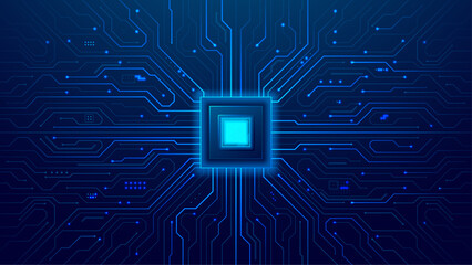 Quantum CPU AI Chip on Blue Circuit Board Background. Light Gloving Computer Core and Circuit Components. Artificial Intelligence Power Semiconductor on Technology bg. Tech Vector Illustration.