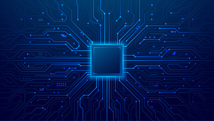 CPU with Light Glowing Neon Frame on Circuit Board. Technology Semiconductor on Blue Background. Empty AI Chip. Digital Tech Bg. Big Data and Artificial Intelligence Concept. Vector Illustration.