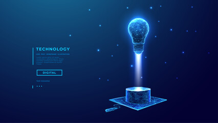 Light Bulb as Great Idea Symbol Launching Over Digital Opened Book. Education Start Up Concept. Low poly Wireframe Abstract Lamp Flies Over Book. Technology Background. Vector Tech Illustration