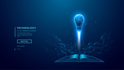 Light Bulb as Great Idea Symbol Launching Over Digital Opened Book. Education Start Up Concept. Low poly Wireframe Abstract Lamp Flies Over Book. Technology Background. Vector Tech Illustration.