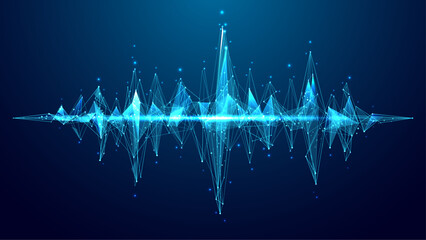 Abstract sound wave on a digital blue technology background. Audio equalizer element for music, radio, or voice visualization. Modern vector concept in low-poly wireframe style. Vector illustration.