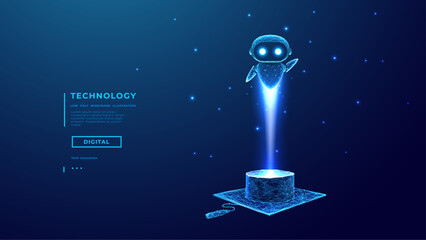 Digital AI Assistant Flies Over Graduation Cap. AI Assistant or Chatbot. Online Innovation Education Concept. Knowledge Technology Blue Background for presentation and web design. Vector Illustration.