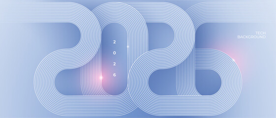 Elegant 2026 wave on tech bg. Abstract thin line light blue background in technology style. Modern geometric banner with circuit wires on the chip. Vector illustration for flyer, presentation, banner
