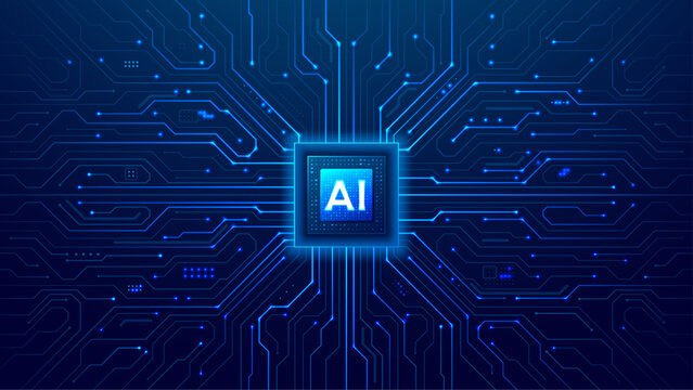 AI Chip with Light Glowing Neon Frame on Circuit Board. Technology AI Blue Background. Artificial Intelligence Digital Tech Bg. Machine Learning and Computer Innovation Concept. Vector Semiconductor.