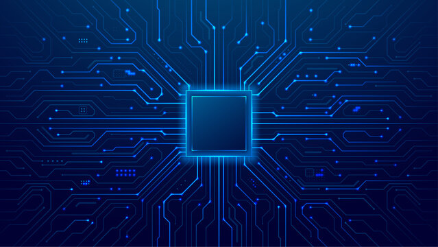 CPU with Light Glowing Neon Frame on Circuit Board. Technology Semiconductor on Blue Background. Empty AI Chip. Digital Tech Bg. Big Data and Artificial Intelligence Concept. Vector Illustration.