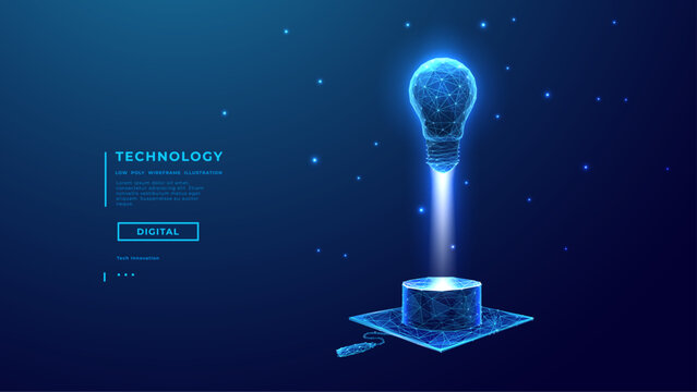 Light Bulb as Great Idea Symbol Launching Over Digital Opened Book. Education Start Up Concept. Low poly Wireframe Abstract Lamp Flies Over Book. Technology Background. Vector Tech Illustration