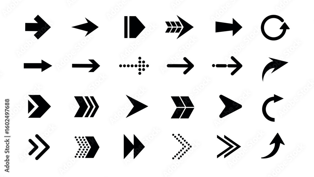Poster collection of black arrow icons in various styles. arrows pointing in different directions. simple a