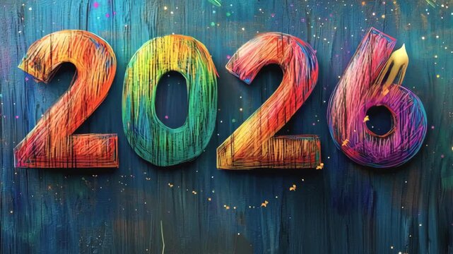 The year 2026 displayed in a vibrant, textured multicolored fabric font surrounded by swirling lights, perfect for New Year celebration themes