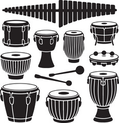 Global Percussion Instruments Silhouette Collection - Ethnic Drums, Mallets & Rhythm Sounds Vector
