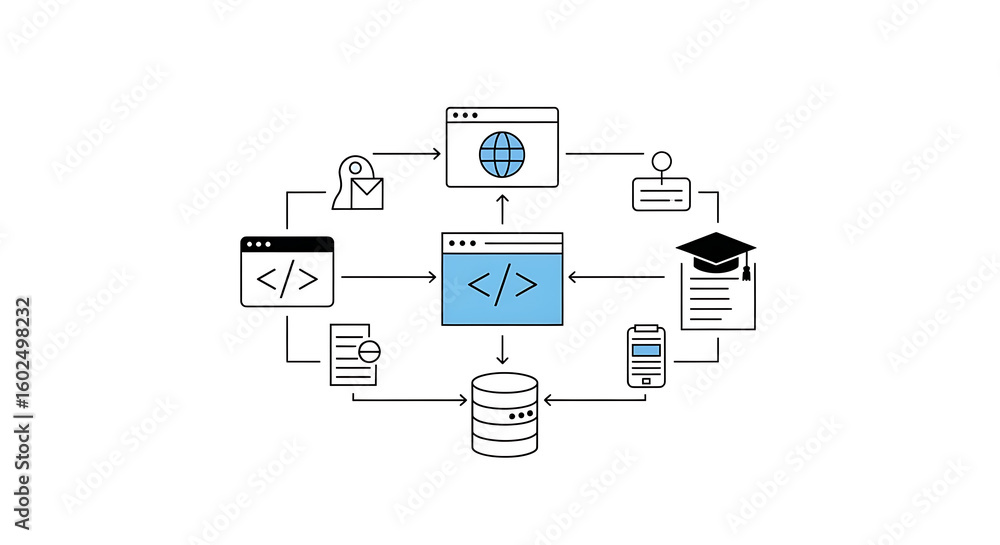 Poster diagram illustrating data flow between web browser, database, and various application interfaces ai 