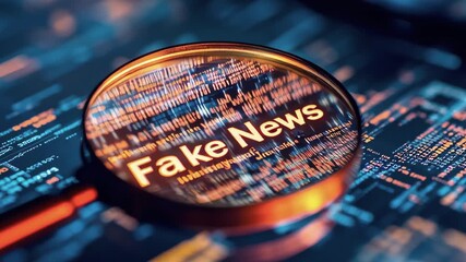 A magnifying glass focuses on the phrase “Fake News” over a scrolling digital background, illustrating themes of misinformation, disinformation, and digital scrutiny 