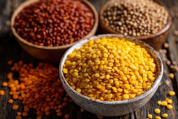 Fototapeta premium Wooden bowls filled with various lentils, arranged on a rustic wooden surface. Perfect for healthy eating ads, recipe blogs, and articles about veganism.