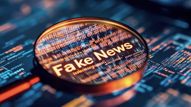 A magnifying glass focuses on the phrase &ldquo;Fake News&rdquo; over a scrolling digital background, illustrating themes of misinformation, disinformation, and digital scrutiny 