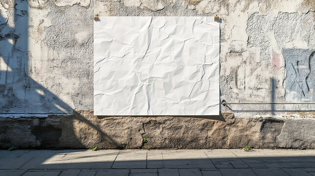 Template of a white wrinkled poster placed in a city setting, simulating blank wheatpaste on a textured wall. Suitable for street art sticker mockups or urban glued advertising canvases