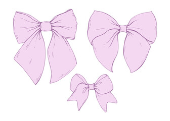 Set of wide pink textile bows coquette from satin and silk ribbons. Illustration hand-drawn with ink in line art style graphics. For women, girls, holidays, decoration, accessories and gifts.
