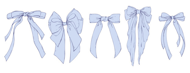 Set of large blue coquette bows with long tails made of textile satin and silk ribbons. Hand-drawn illustration line art graphic. For women, men, boys, girls, holidays, decoration, accessories, gifts.