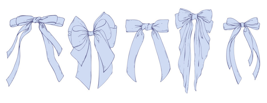 Set of large blue coquette bows with long tails made of textile satin and silk ribbons. Hand-drawn illustration line art graphic. For women, men, boys, girls, holidays, decoration, accessories, gifts.