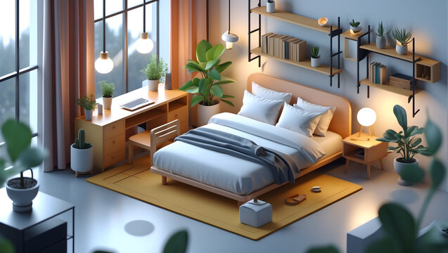 3d illustration of a bright and airy bedroom with a functional workspace adorned with lush greenery and minimalist decor