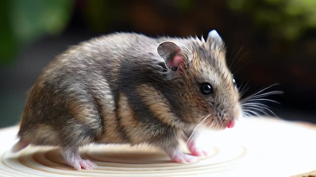 Adorable Striped Dwarf Hamster Standing on a Wooden Surface, Close-up Pet Portrait with Blurred Background
