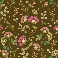 Seamless floral ikat pattern featuring hand-drawn wildflowers and leafy branches on a deep brown background. Ideal for textile, wallpaper, and fabric design.