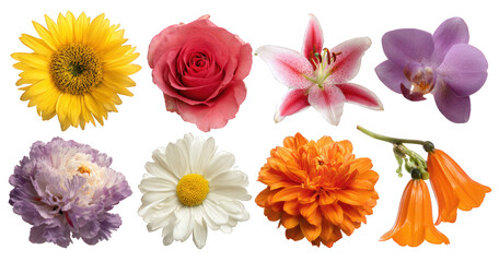 Collection Of Diverse Vibrant Flowers Isolated Transparent Background Showcasing Various Species