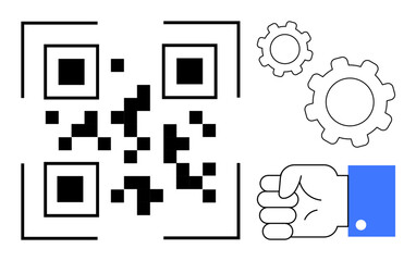 QR code with bold squares, a clenched hand with a sleeve, and two gear wheels. Ideal for technology, automation, innovation, system management, efficiency, digital tools and a simple landing page