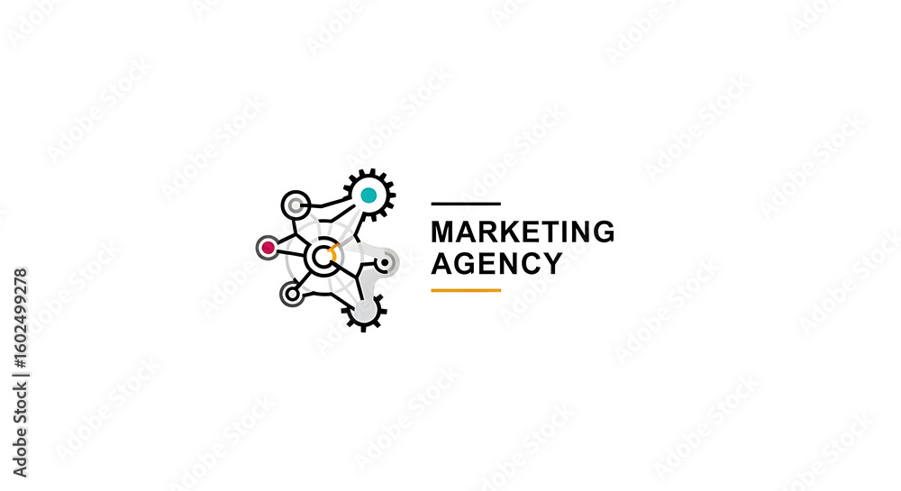 Poster marketing agency logo with a network of gears and nodes on a white background and simple text ai gen