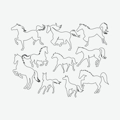 Fototapeta premium Running and Rearing Horse Outline Vector Icon Set 