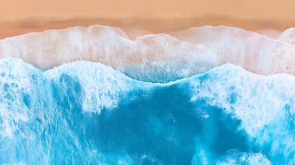 Photorealistic top view of blue and white ocean waves gently meeting the sandy beach, clean coastal pattern background, natural design concept.