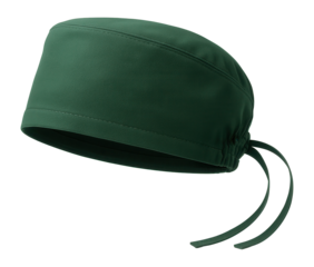 Green surgical cap with adjustable ties and gathered elastic at the back