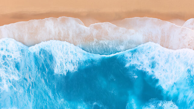 Photorealistic top view of blue and white ocean waves gently meeting the sandy beach, clean coastal pattern background, natural design concept.