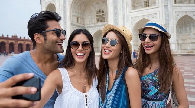 Group of friends taking selfies in front of historic monument in joyful tourist encounter