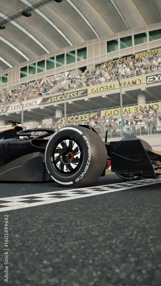 Poster side view of a generic formula one race car driving across the finish line in slow motion. 3d animat