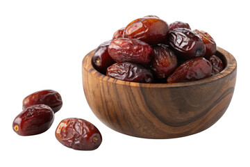 Fresh medjool dates in a wooden bowl isolated on transparent background