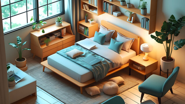 3d illustration of a tranquil bedroom oasis with abundant greenery featuring a modern workspace and cozy ambiance