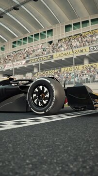 Side view of a generic formula one race car driving across the finish line in slow motion. 3d animation rendering. New 2025 black and gold car design