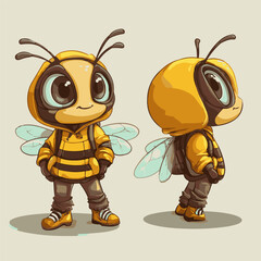 Vector illustration of a cute honey bee mascot character. Adorable insect wearing a hoodie shown in front and side view poses.