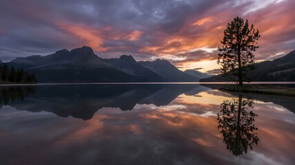 Majestic mountain lake reflecting colorful sunset sky and lone pine tree mountains clouds