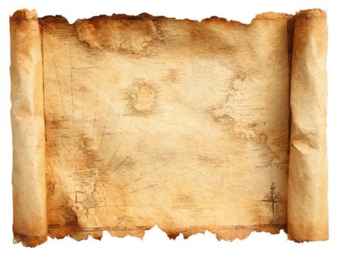 Vintage Treasure Map Scroll with Compass Rose on Transparent Background