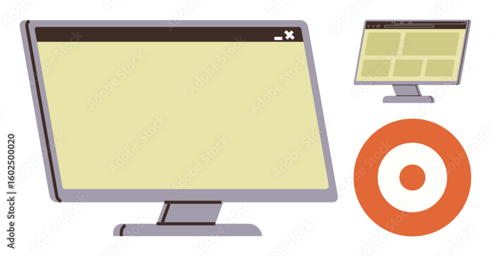 Poster desktop monitor displays a blank webpage interface with a navigation target element. ideal for web d