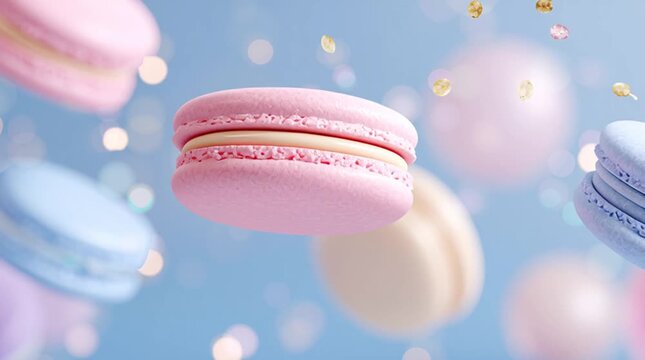 Colorful macarons floating gracefully in air amidst glittering background