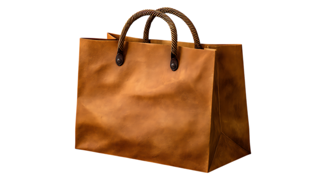 Brown paper shopping bag with rope handles isolated on transparent background