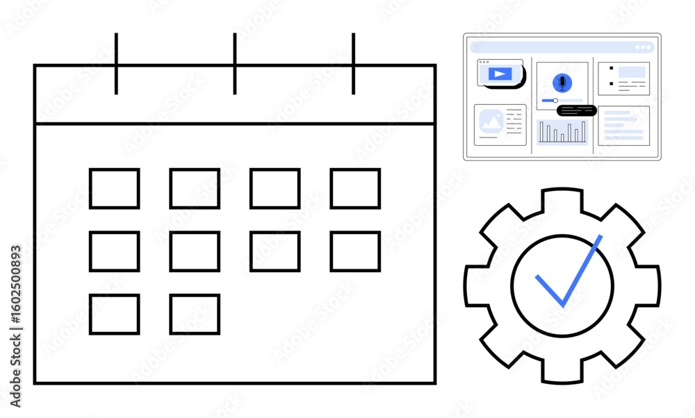 Poster calendar grid for scheduling, analytics dashboard for insights, and gear with checkmark for automati