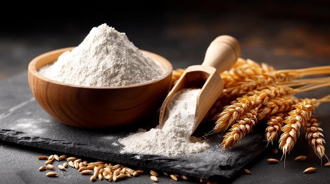 Wheat flour and grains: rustic culinary essentials on dark slate in kitchen setting