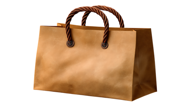 Brown paper shopping bag with twisted handles isolated on transparent background