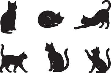 Six sleek black cat silhouettes display varied behaviors—from sitting to stretching, walking to sleeping. Each pose highlights feline elegance, making it ideal for pet-themed design or art projects.