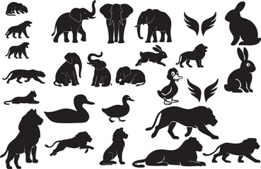 A striking collection of black animal silhouettes showcasing elephants, rabbits, ducks, lions, and more—each creature depicted in distinctive poses like sitting, walking, and standing with bold outlin