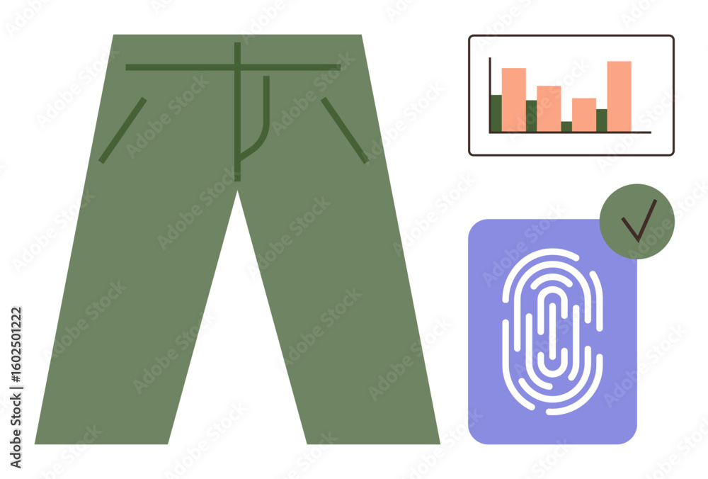 Poster green pants paired with a bar chart and fingerprint with a checkmark. ideal for concepts thumbs up f