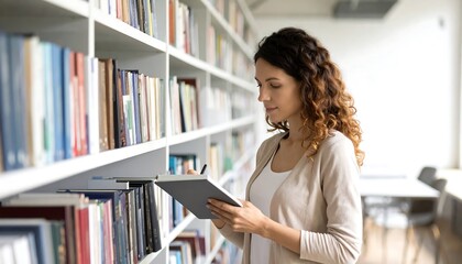 Woman Taking Notes in Library Near Bookshelf